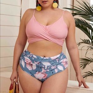Plus size wrap top floral high waisted bikini